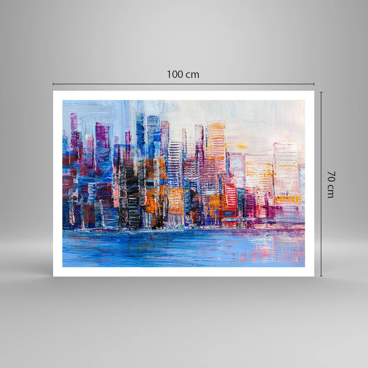 Poster - Ein farbenfrohes Panorama der Stadt mit Spiegelungen auf dem Wasser - 100x70cm - Fröhliche Metropole - Moderne Wanddekoration für Wohnzimmer und Schlafzimmer ARTTOR