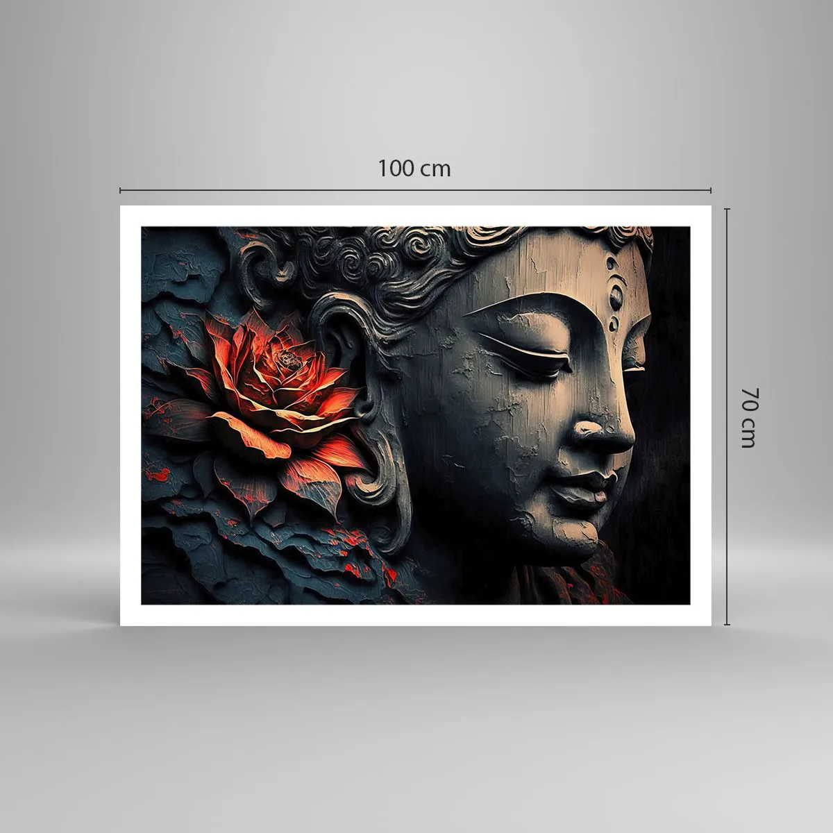 Póster - Escultura de Buda con una flor de loto roja. - 100x70cm - En sintonía con el mundo - Decoración de pared moderna para salón y dormitorio ARTTOR