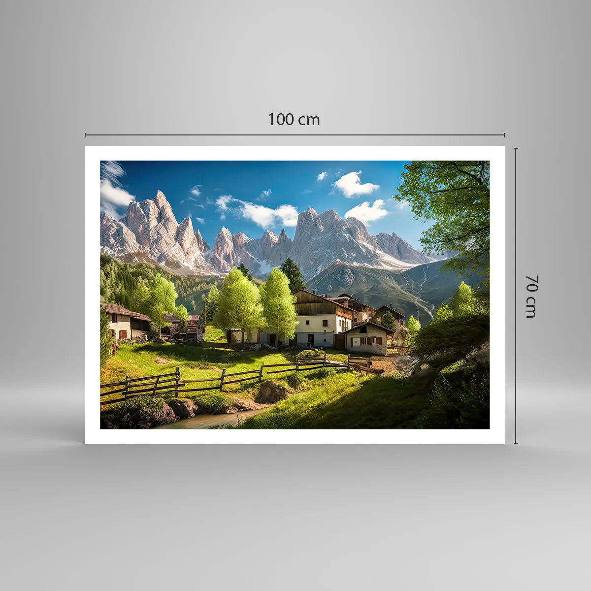 Affiche - Poster - Un village de montagne avec des maisons et une vue sur les Alpes - 100x70cm - Idylle alpine - Décoration murale moderne pour le salon et la chambre ARTTOR