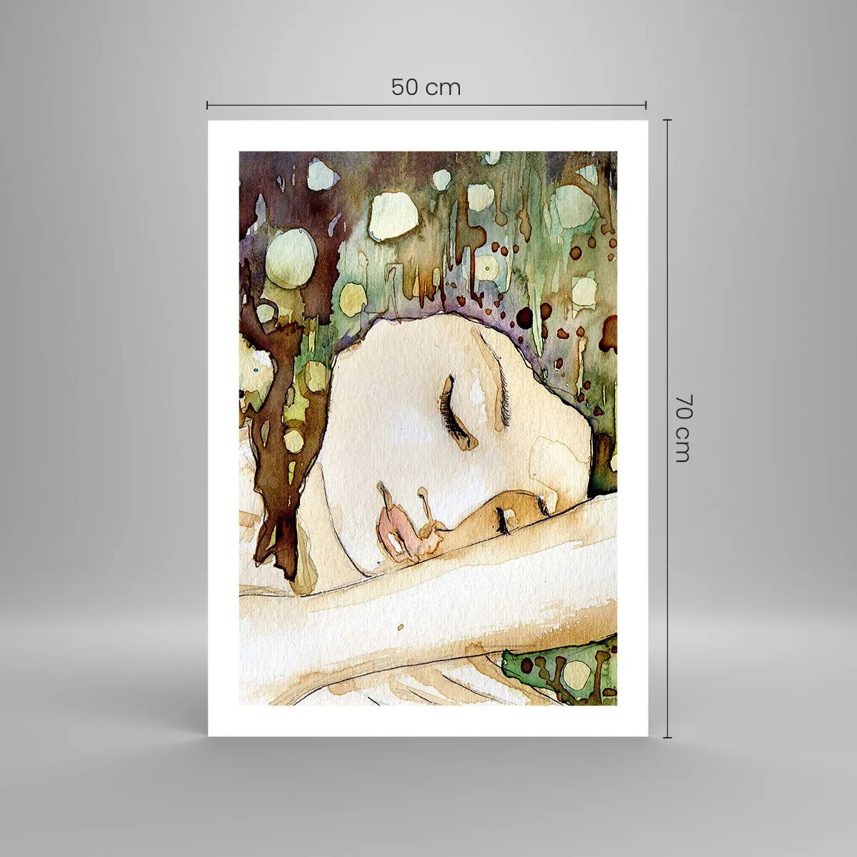 Poster - Künstlerisches Aquarellporträt einer schlafenden Frau - 50x70cm - Ein smaragd-violetter Traum - Moderne Wanddekoration für Wohnzimmer und Schlafzimmer ARTTOR