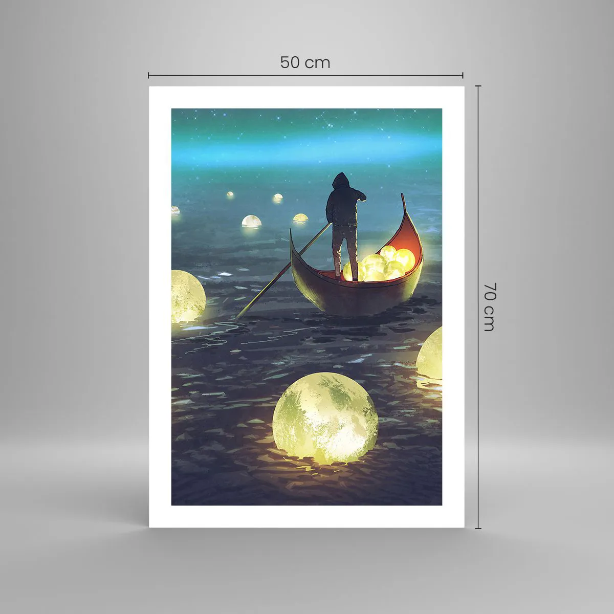 Affiche - Poster - Une silhouette sur un bateau entourée de boules lumineuses sur l'eau - 50x70cm - Des choses dont les philosophes n'ont jamais rêvé - Décoration murale moderne pour le salon et la chambre ARTTOR