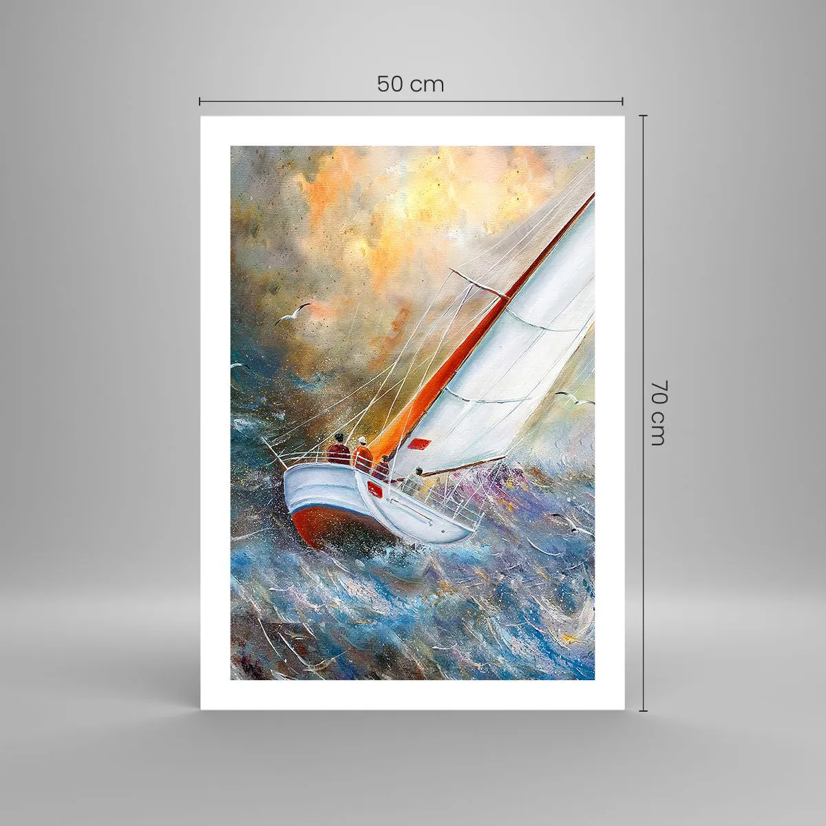Póster - Un yate navegando en un mar tempestuoso en un paisaje pintoresco. - 50x70cm - Surcando las olas - Decoración de pared moderna para salón y dormitorio ARTTOR