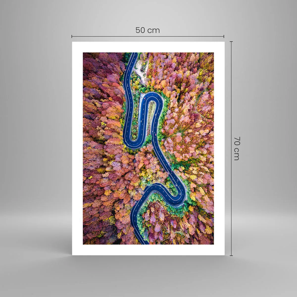Affiche - Poster - Une route sinueuse dans une forêt d'automne vue à vol d'oiseau - 50x70cm - Route sinueuse à travers la forêt - Décoration murale moderne pour le salon et la chambre ARTTOR