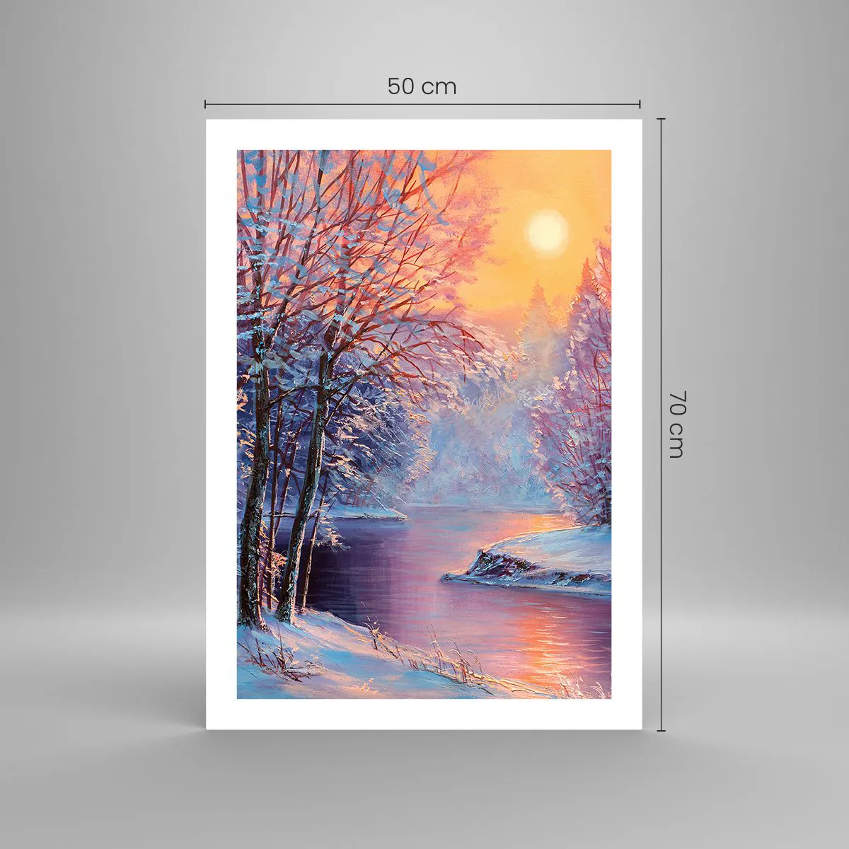 Plakat - Zimowy krajobraz z rzeką w blasku zachodzącego słońca - 50x70cm - Barwy zimy - Nowoczesna dekoracja ścienna do salonu, kuchni i sypialni ARTTOR