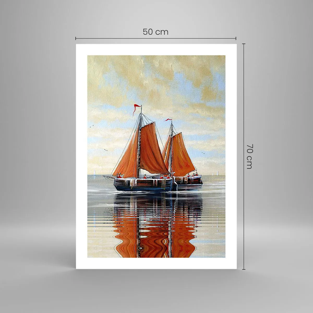 Poster - Segelboote auf ruhigem Wasser mit roten Segeln - 50x70cm - Hey, Segel, Matrose ... - Moderne Wanddekoration für Wohnzimmer und Schlafzimmer ARTTOR