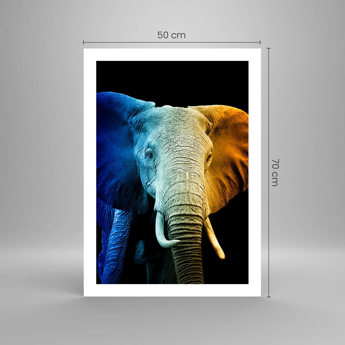 Póster - Una imagen colorida de un elefante sobre un fondo negro. - 50x70cm - Excéntrico, no un bicho raro - Decoración de pared moderna para salón y dormitorio ARTTOR