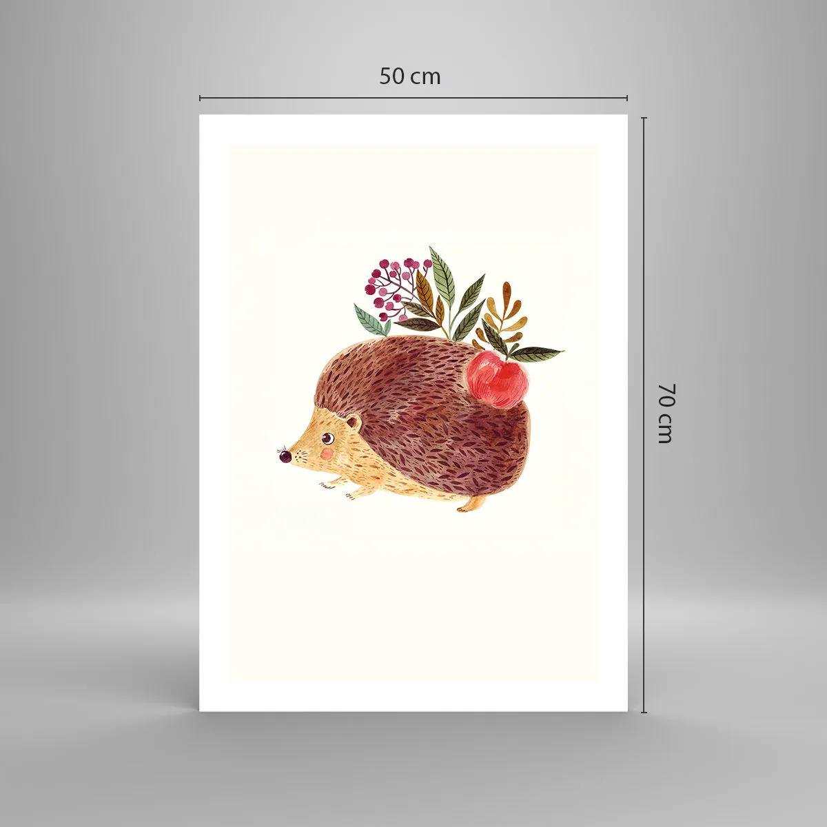 Póster - Un lindo erizo con una manzana y ramitas sobre un fondo claro. - 50x70cm - Y ya te gusto - Decoración de pared moderna para salón y dormitorio ARTTOR