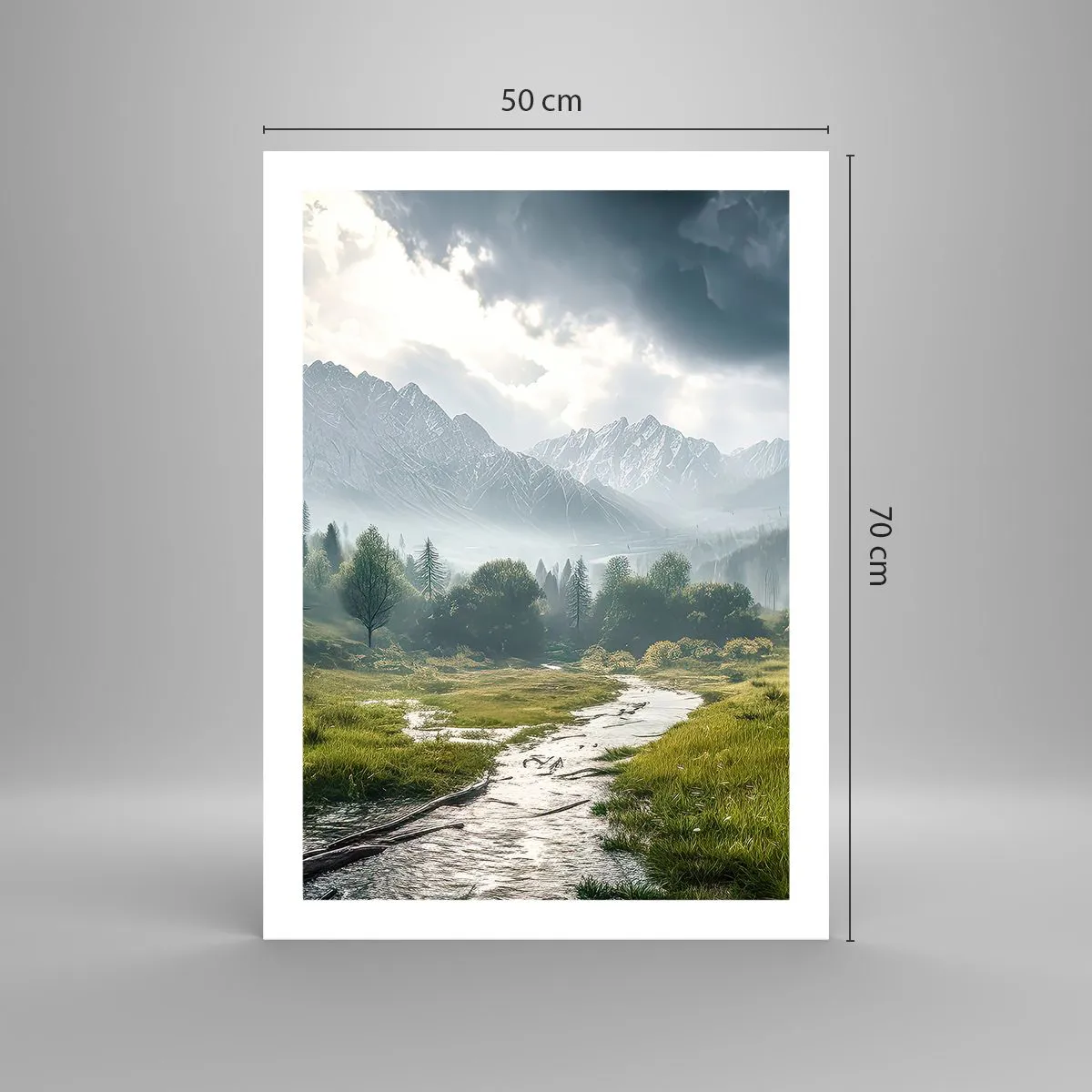 Plakat - Górska dolina z rzeką i majestatycznymi górami w tle - 50x70cm - Tam i z powrotem - Nowoczesna dekoracja ścienna do salonu, kuchni i sypialni ARTTOR