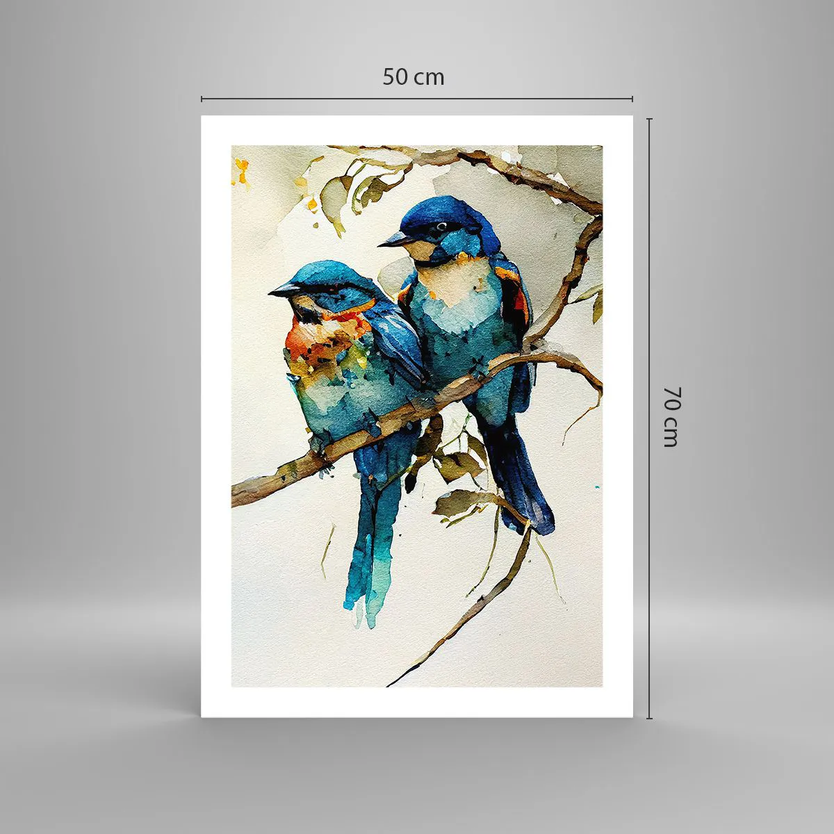 Poster - Aquarellvögel auf einem Ast in Blau- und Brauntönen - 50x70cm - War er beleidigt? - Moderne Wanddekoration für Wohnzimmer und Schlafzimmer ARTTOR