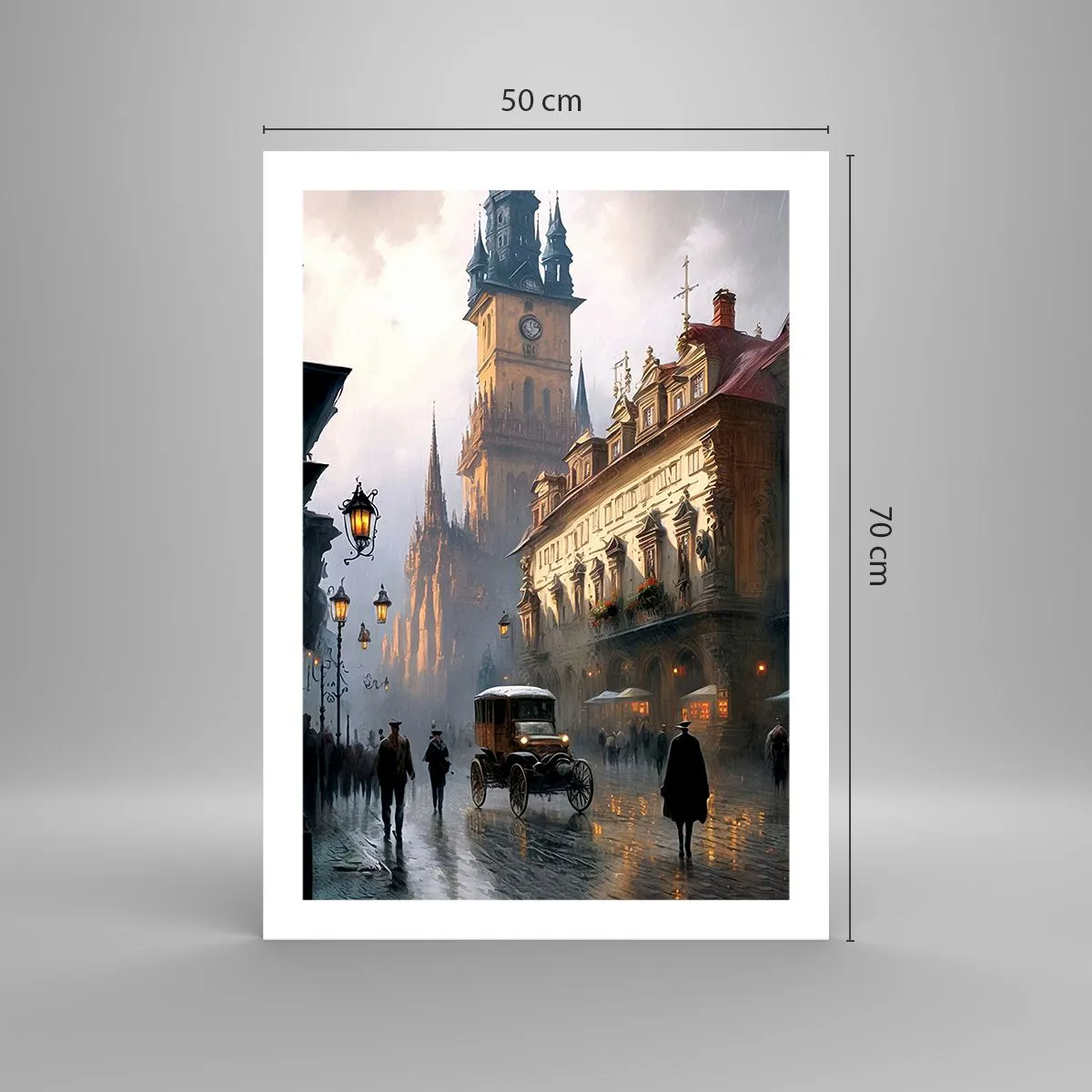 Poster - Historische Stadt in der Abenddämmerung mit einem historischen Fahrzeug - 50x70cm - Charme eines Prager Abends - Moderne Wanddekoration für Wohnzimmer und Schlafzimmer ARTTOR