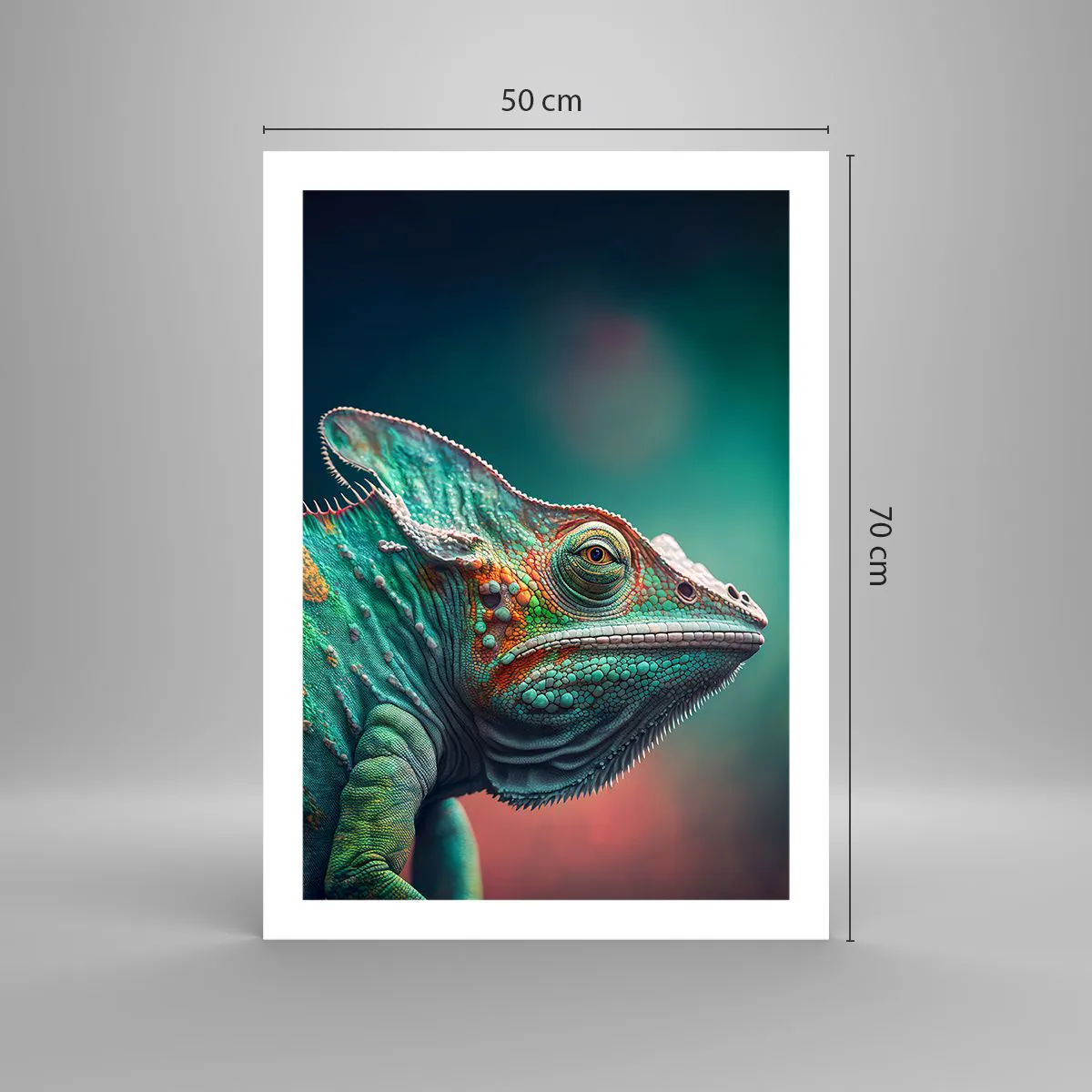 Poster - Ein farbenfrohes Chamäleon auf auffälligem Hintergrund - 50x70cm - Siehst du mich? Nicht gut… - Moderne Wanddekoration für Wohnzimmer und Schlafzimmer ARTTOR