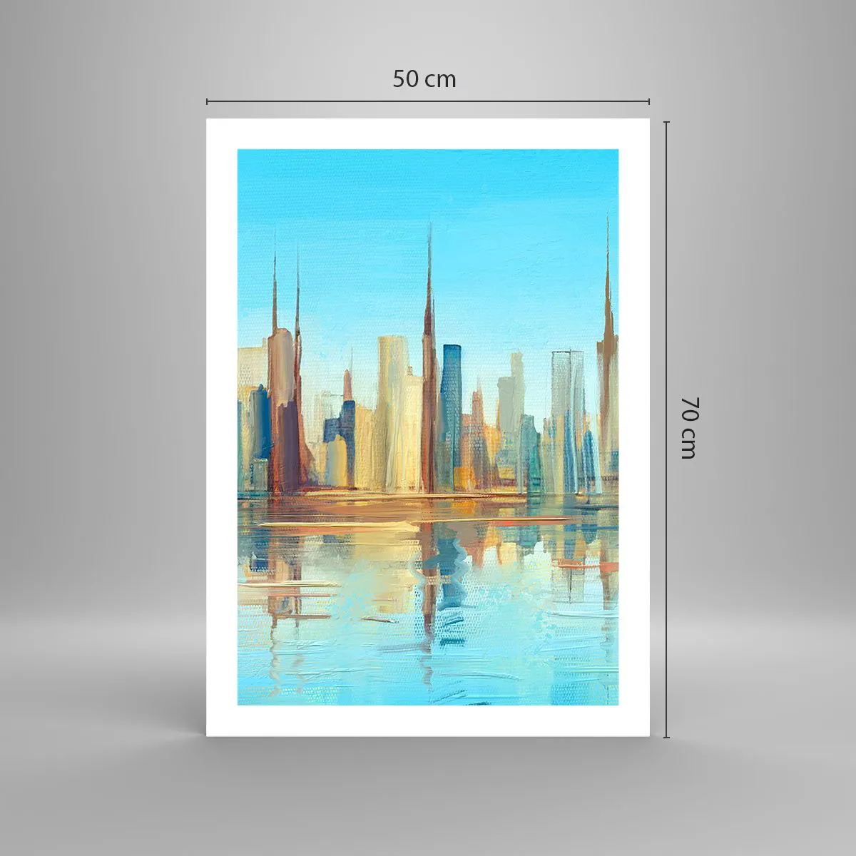 Affiche - Poster - Panorama coloré de la ville avec reflet dans l'eau - 50x70cm - Une métropole ensoleillée - Décoration murale moderne pour le salon et la chambre ARTTOR