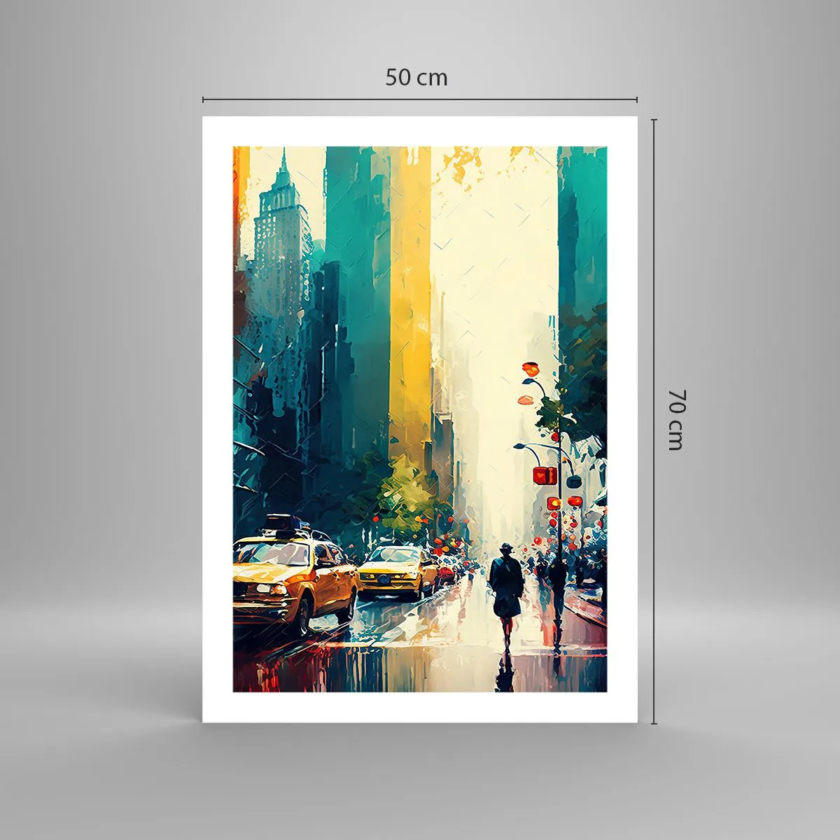 Poster - Eine bunte Straße einer Großstadt mit gelben Taxis - 50x70cm - New York – selbst der Regen ist hier bunt - Moderne Wanddekoration für Wohnzimmer und Schlafzimmer ARTTOR