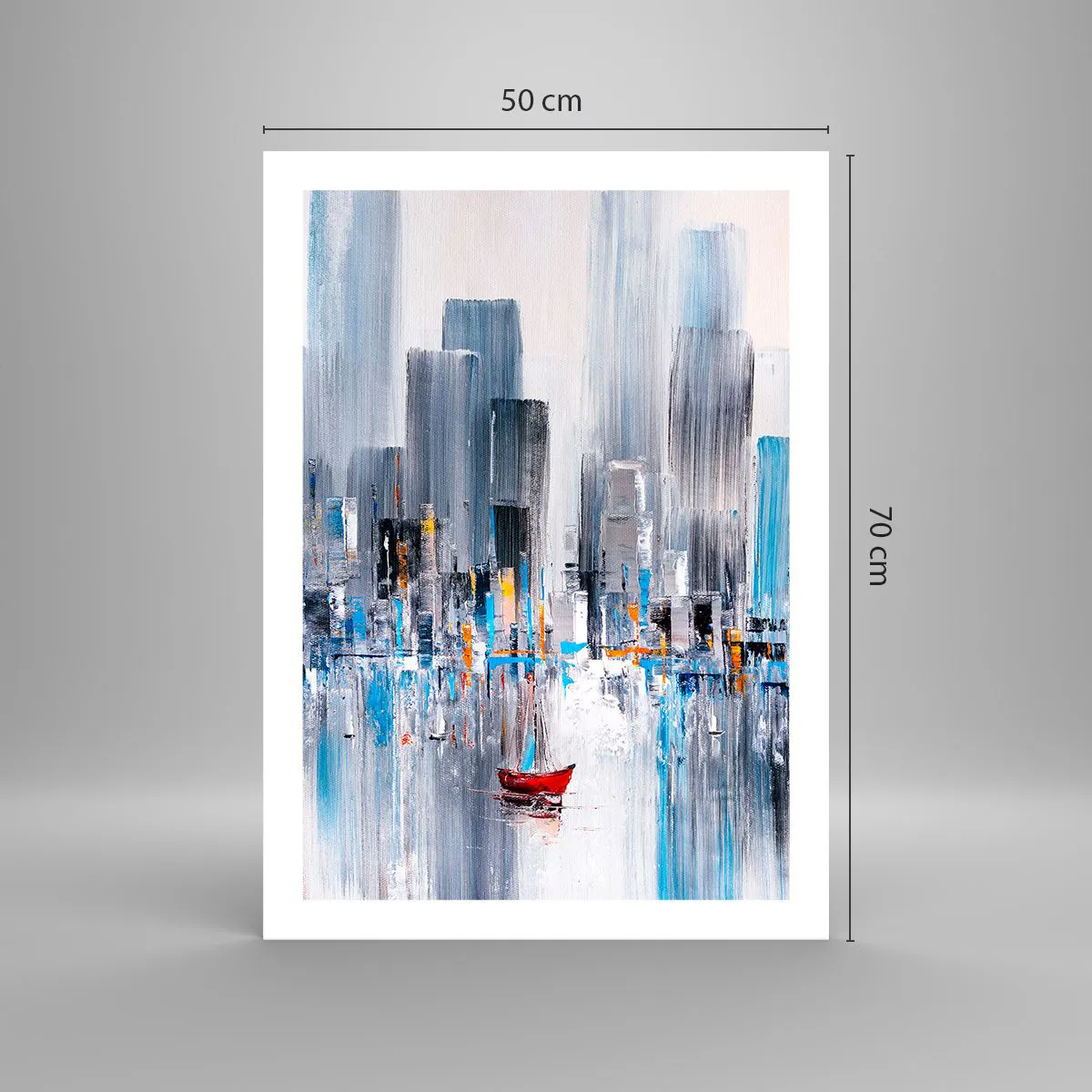 Póster - Una pintura abstracta que representa el horizonte de una ciudad sobre el agua con un barco rojo. - 50x70cm - Metrópolis junto a la bahía - Decoración de pared moderna para salón y dormitorio ARTTOR