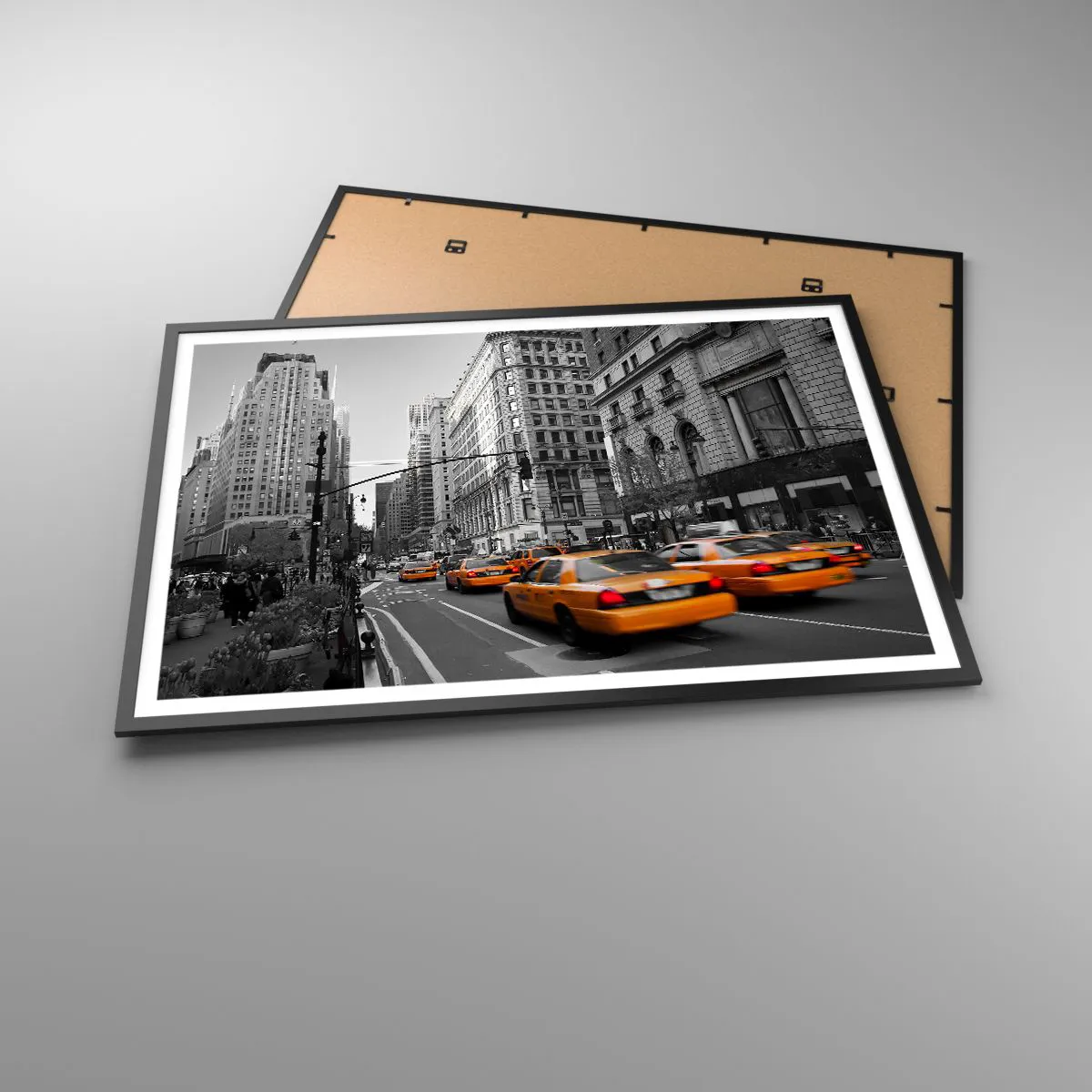 Plakat w czarnej ramie - Żółte taksówki na ulicach Nowego Jorku - 100x70cm - Słońca wielkiego miasta - Nowoczesna dekoracja ścienna do salonu i sypialni ARTTOR