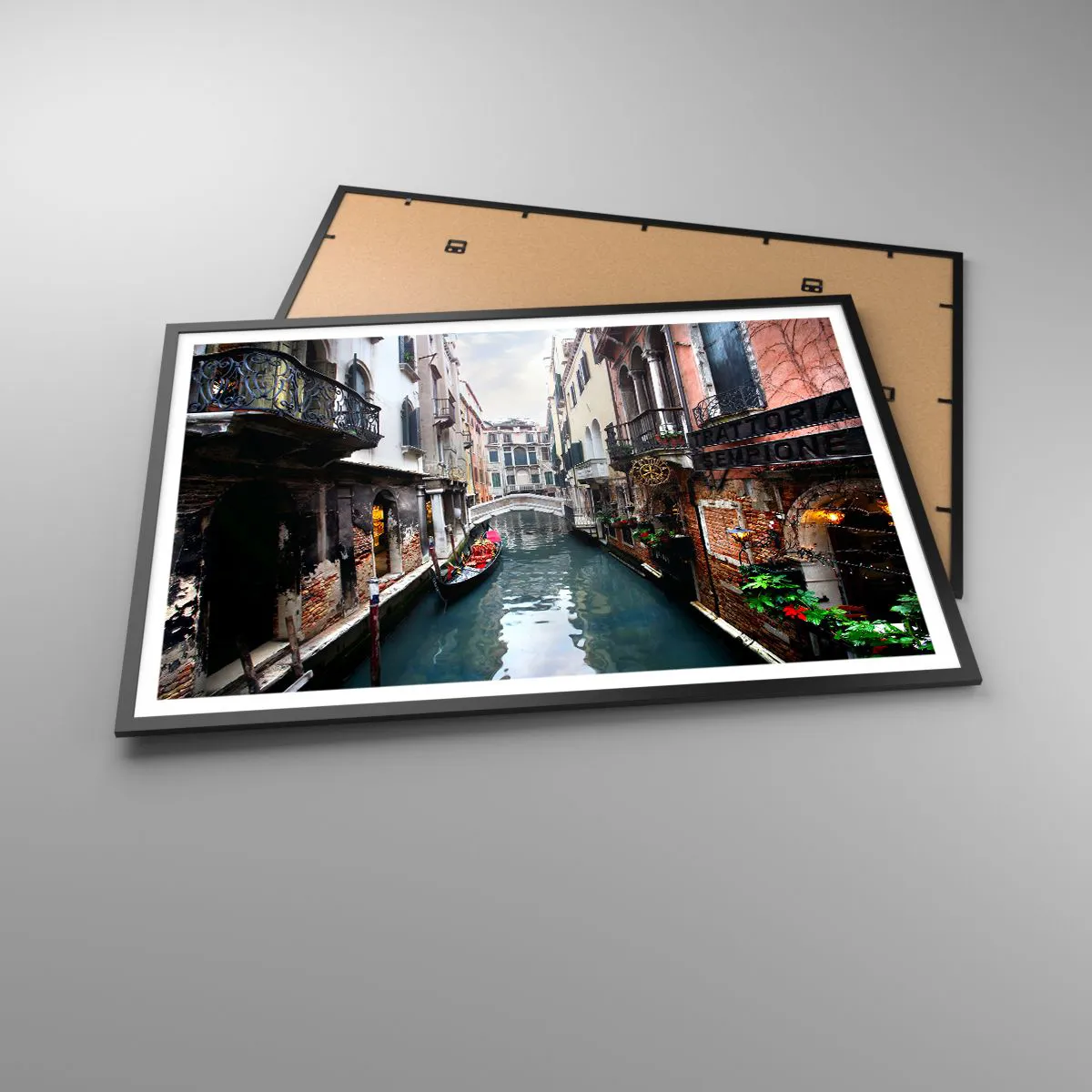 Poszter fehér keretben - Velencei táj gondolával és híddal - 100x70 cm