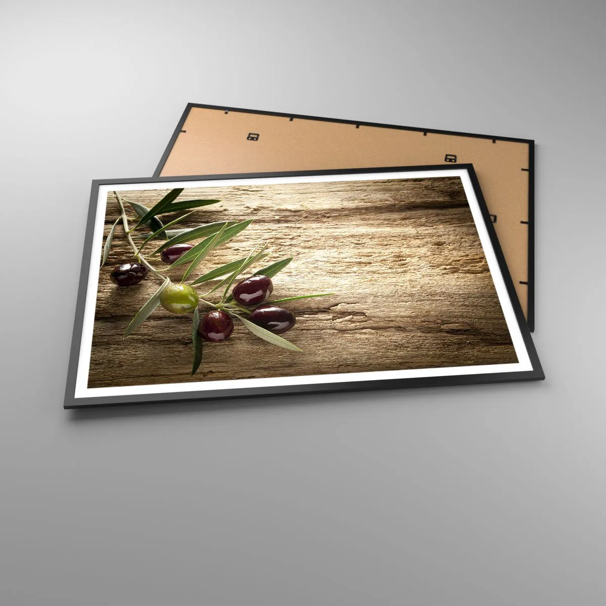 Plakat w czarnej ramie - Gałązka oliwna z owocami na tle postarzanego drewna - 100x70cm - Prosto od natury - Nowoczesna dekoracja ścienna do salonu i sypialni ARTTOR