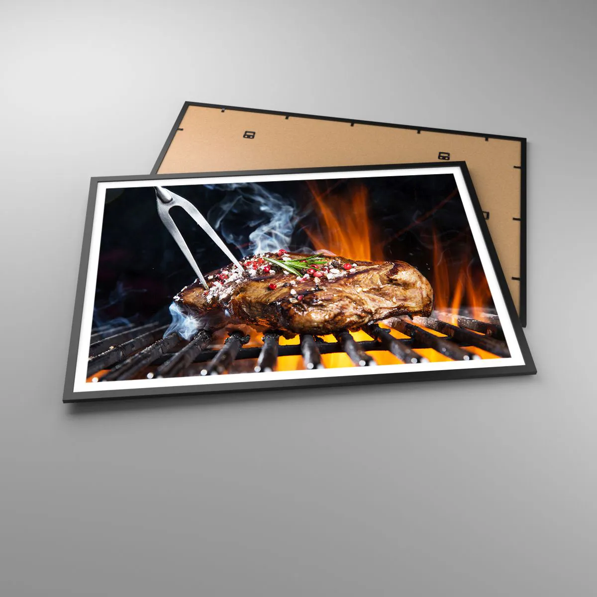 Affiche dans un cadre noir - Poster - Steak grillé sur un gril aux épices - 100x70cm - Juteux et parfumé - Décoration murale moderne pour le salon et la chambre ARTTOR