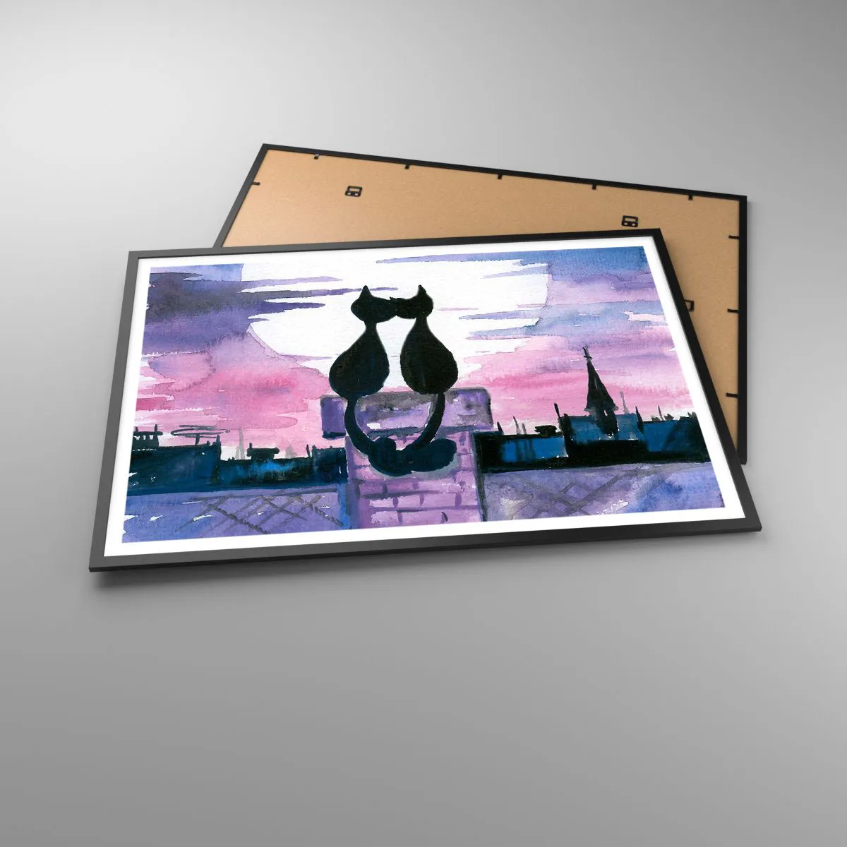 Poster in einem schwarzem Rahmen - Schwarze Katzen auf einem Dach im Mondlicht in einer Aquarell-Kulisse - 100x70cm - Rendez-vous unter dem Mond - Moderne Wanddekoration für Wohnzimmer und Schlafzimmer ARTTOR