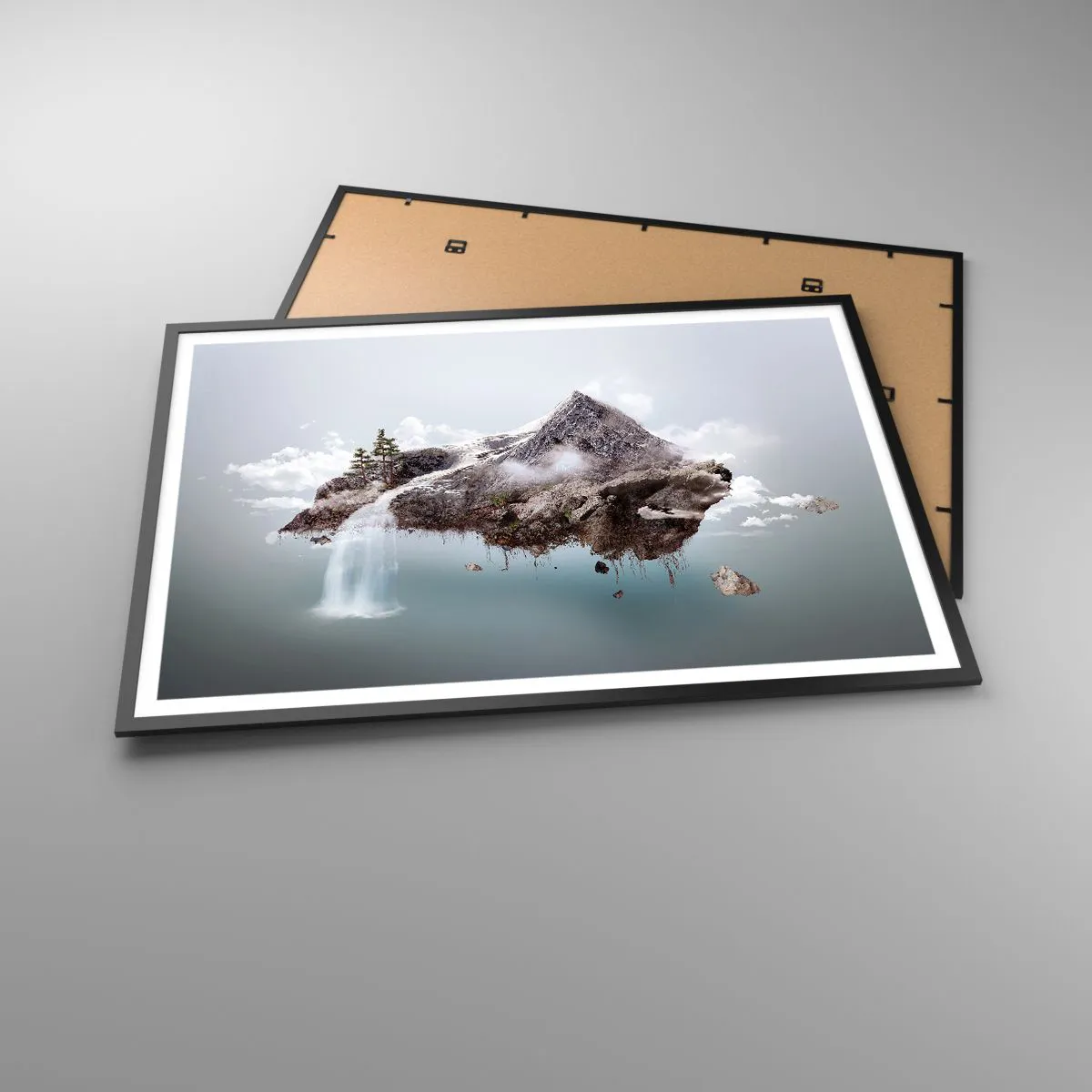 Póster en marco negro - Una montaña surrealista flotando en las nubes con una cascada. - 100x70cm - Isla surrealista - Decoración de pared moderna para salón y dormitorio ARTTOR