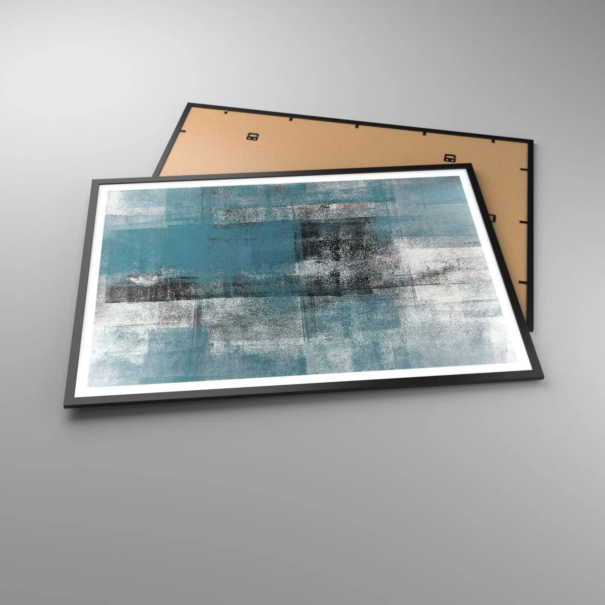 Poster in einem schwarzem Rahmen - Eine abstrakte Komposition in Blautönen mit Textur und Schichten. - 100x70cm - Wasser und Luft - Moderne Wanddekoration für Wohnzimmer und Schlafzimmer ARTTOR