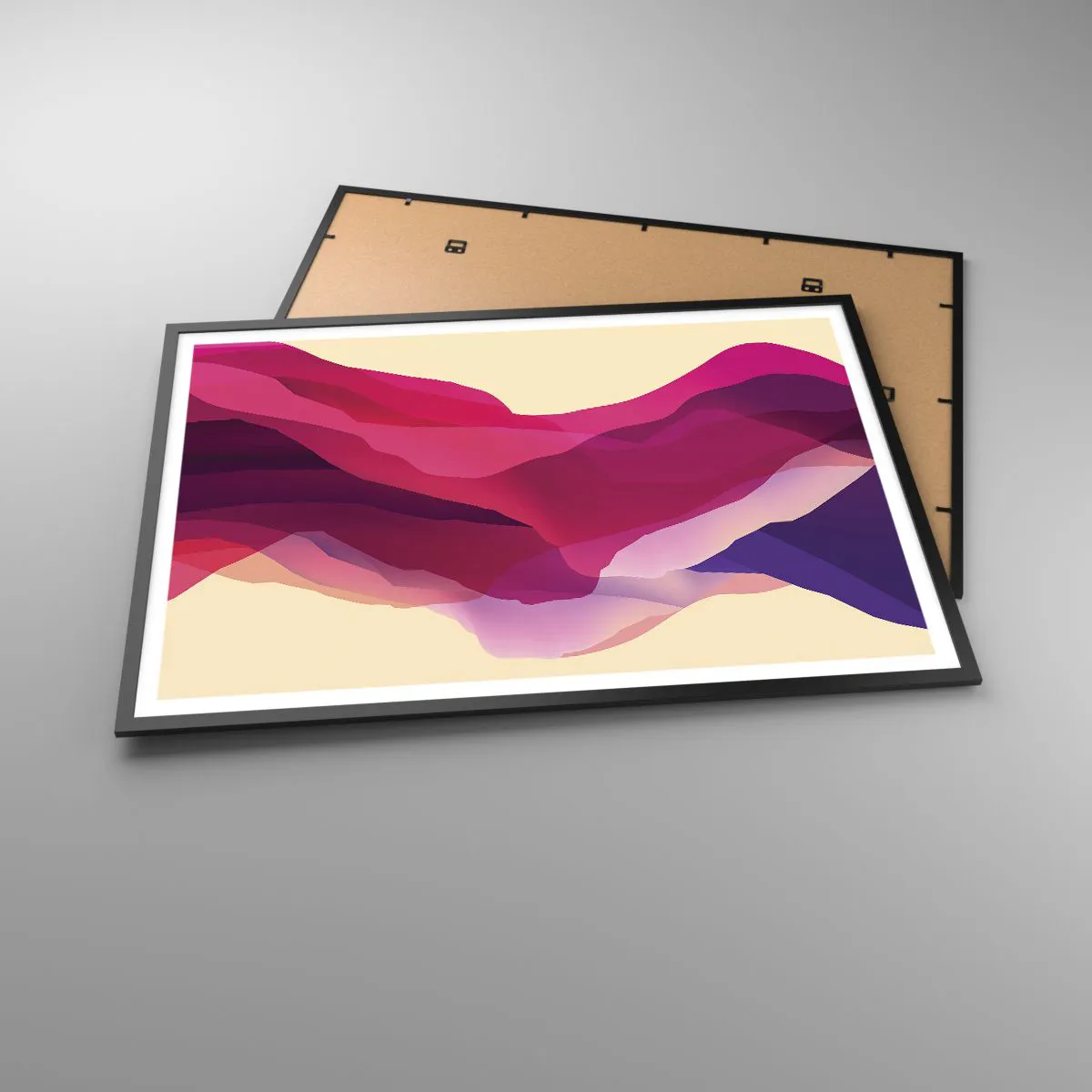 Póster en marco negro - Ondas abstractas en tonos morados y rosas sobre un fondo claro. - 100x70cm - Ondas púrpuras - Decoración de pared moderna para salón y dormitorio ARTTOR