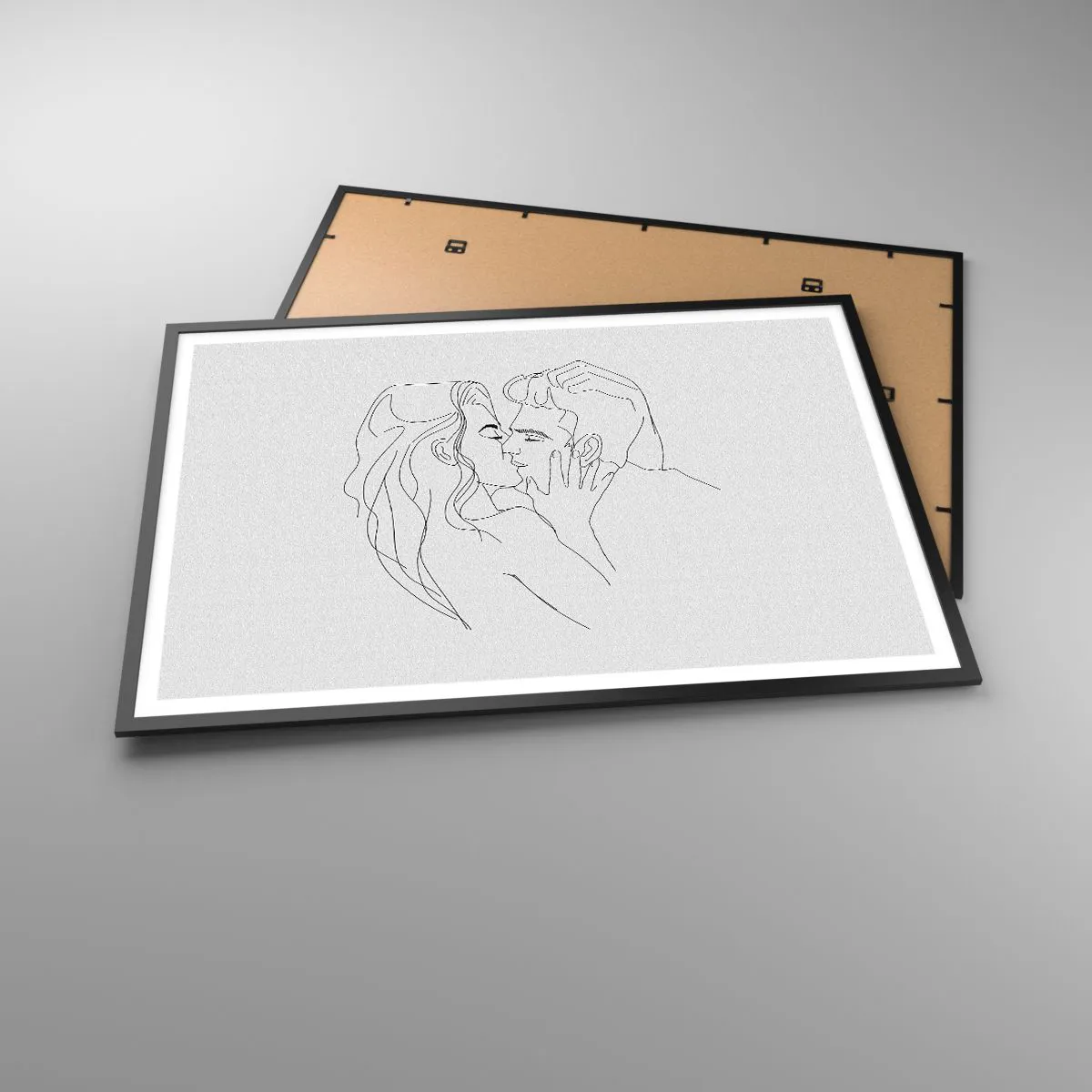 Poster in einem schwarzem Rahmen - Die Umrisse eines sich küssenden Paares auf hellem Hintergrund - 100x70cm - Dieselbe Linie - Moderne Wanddekoration für Wohnzimmer und Schlafzimmer ARTTOR