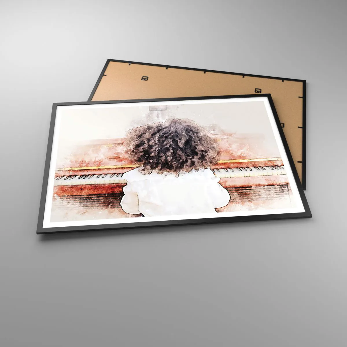 Poster in einem schwarzem Rahmen - Ein Mädchen mit buschigem Haar am Klavier - 100x70cm - In der neuen Welt - Moderne Wanddekoration für Wohnzimmer und Schlafzimmer ARTTOR