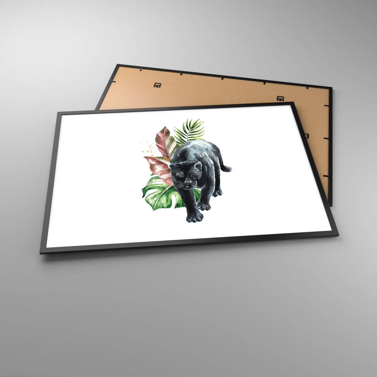 Poster in cornice nera - Pantera nera circondata da foglie tropicali - 100x70cm - Cuore selvaggio - Decorazione murale moderna per soggiorno e camera da letto ARTTOR