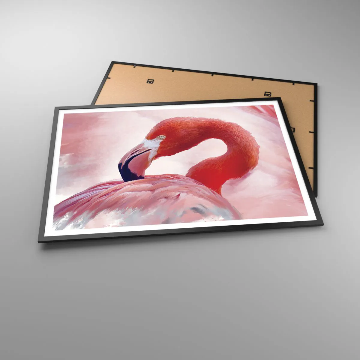 Affiche dans un cadre noir - Poster - Un flamant rose aux tons roses sur fond clair - 100x70cm - Beauté des oiseaux - Décoration murale moderne pour le salon et la chambre ARTTOR