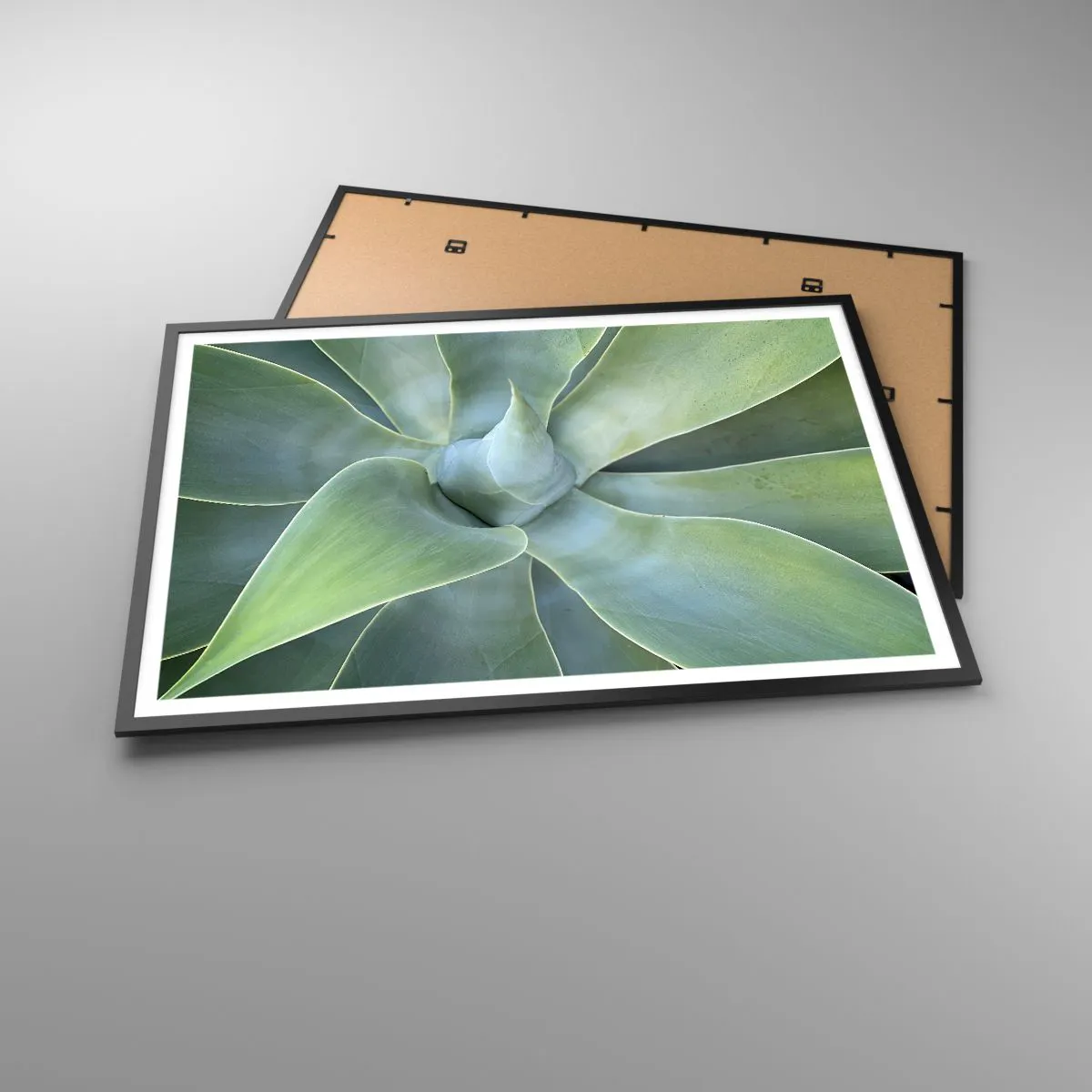 Poster in einem schwarzem Rahmen - Dezente Agavenblätter in Grüntönen - 100x70cm - Geburt des Grüns - Moderne Wanddekoration für Wohnzimmer und Schlafzimmer ARTTOR