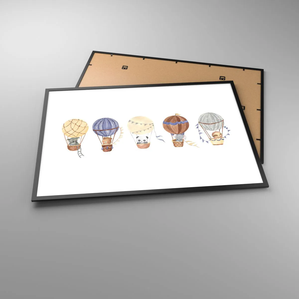 Affiche dans un cadre noir - Poster - Animaux mignons dans des ballons sur fond blanc - 100x70cm - Compagnons de voyage - Décoration murale moderne pour le salon et la chambre ARTTOR
