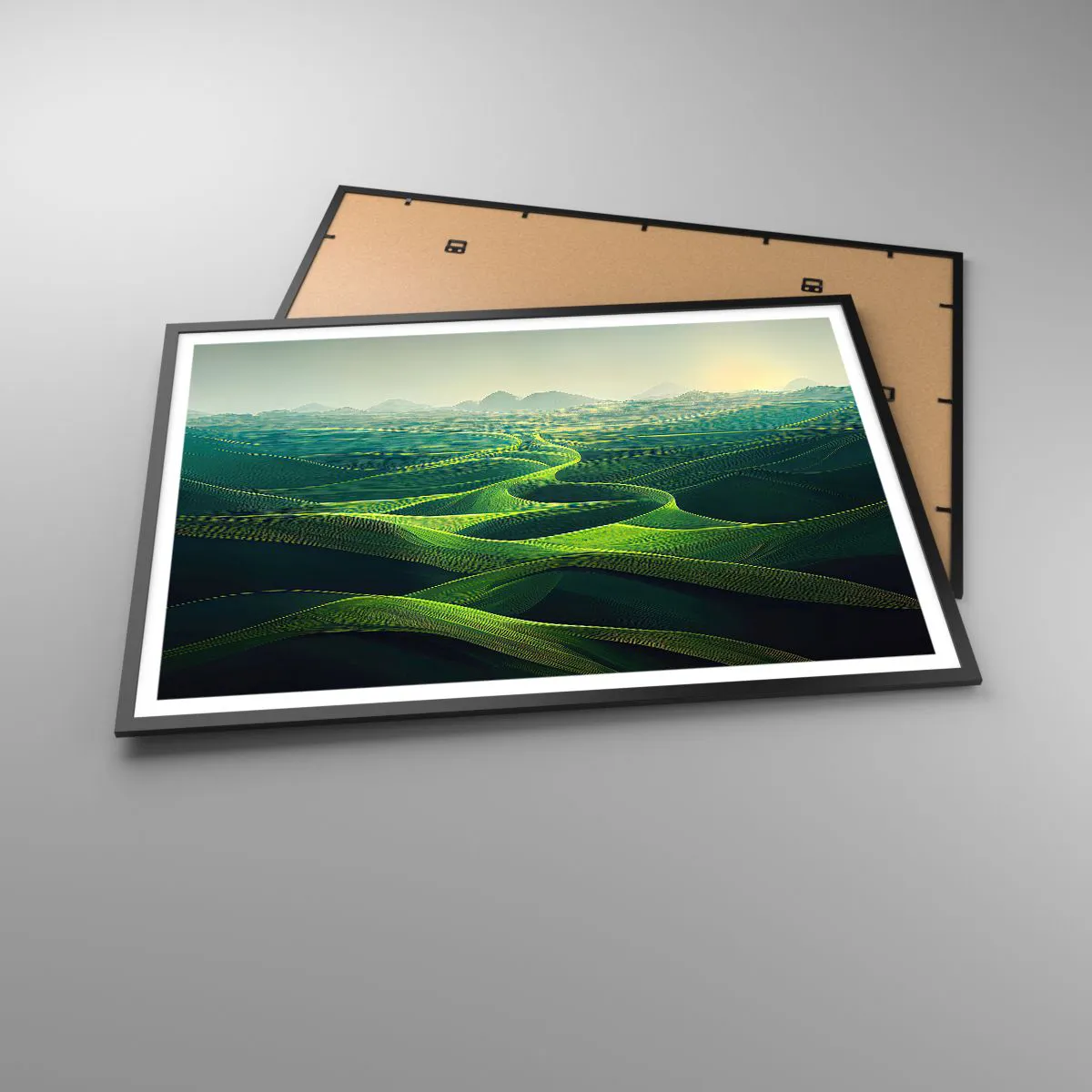 Affiche dans un cadre noir - Poster - Collines verdoyantes avec des sentiers vallonnés - 100x70cm - Dans les vallées verdoyantes - Décoration murale moderne pour le salon et la chambre ARTTOR