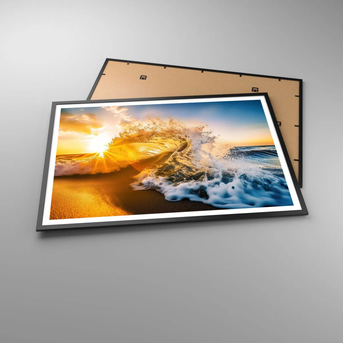 Poster in cornice nera - Un'onda dorata sullo sfondo del sole al tramonto - 100x70cm - Gioco sulla sabbia - Decorazione murale moderna per soggiorno e camera da letto ARTTOR
