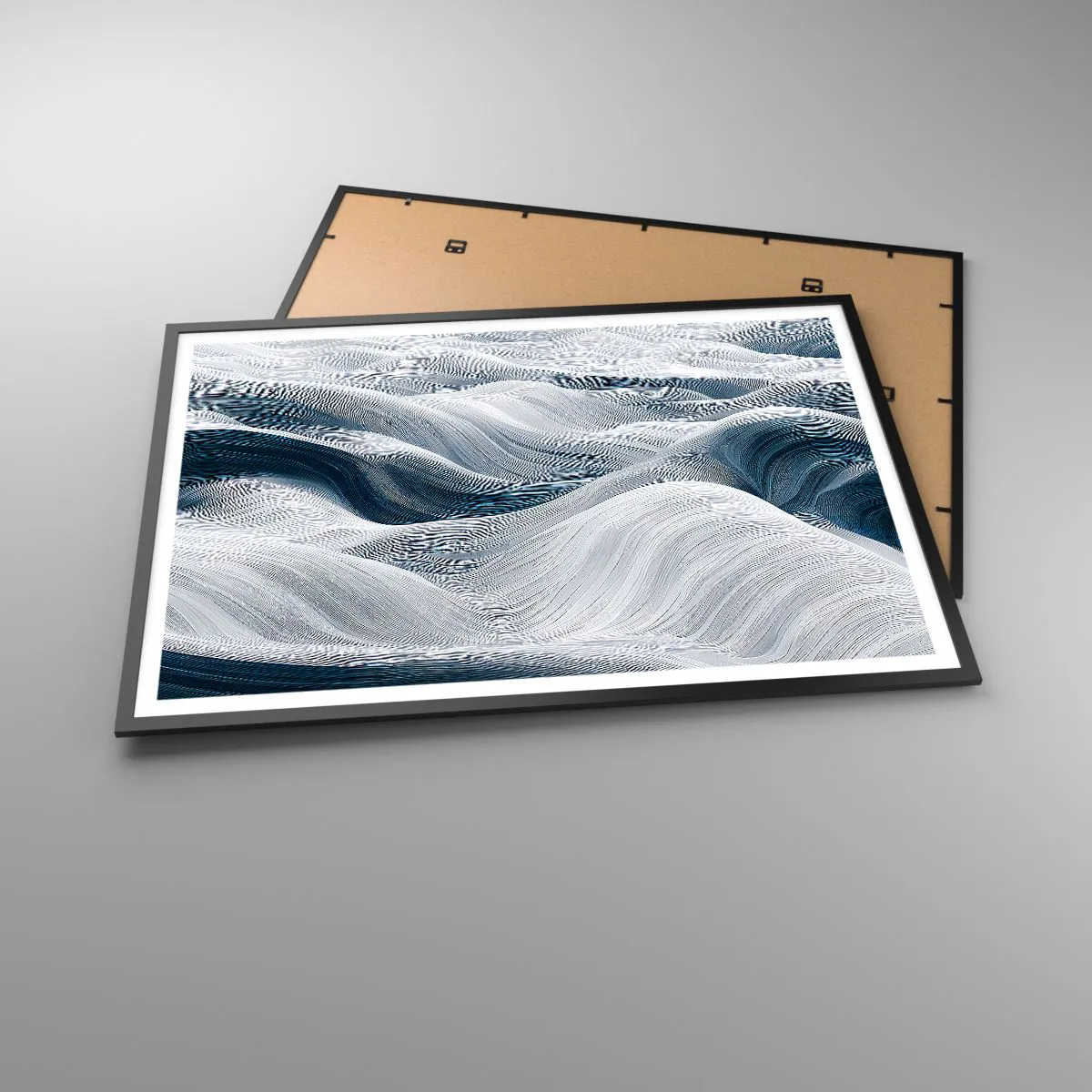 Affiche dans un cadre noir - Poster - Lignes ondulées dans des tons de bleu et de blanc - 100x70cm - Vagues blanches et bleues - Décoration murale moderne pour le salon et la chambre ARTTOR