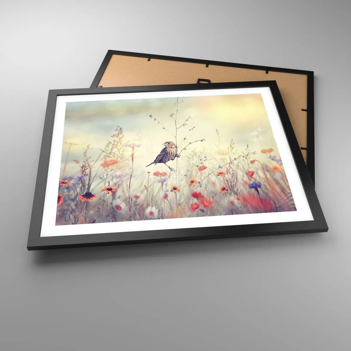 Poster in black frame - Bird Portrait with a Meadow in the Background - 50x40 cm