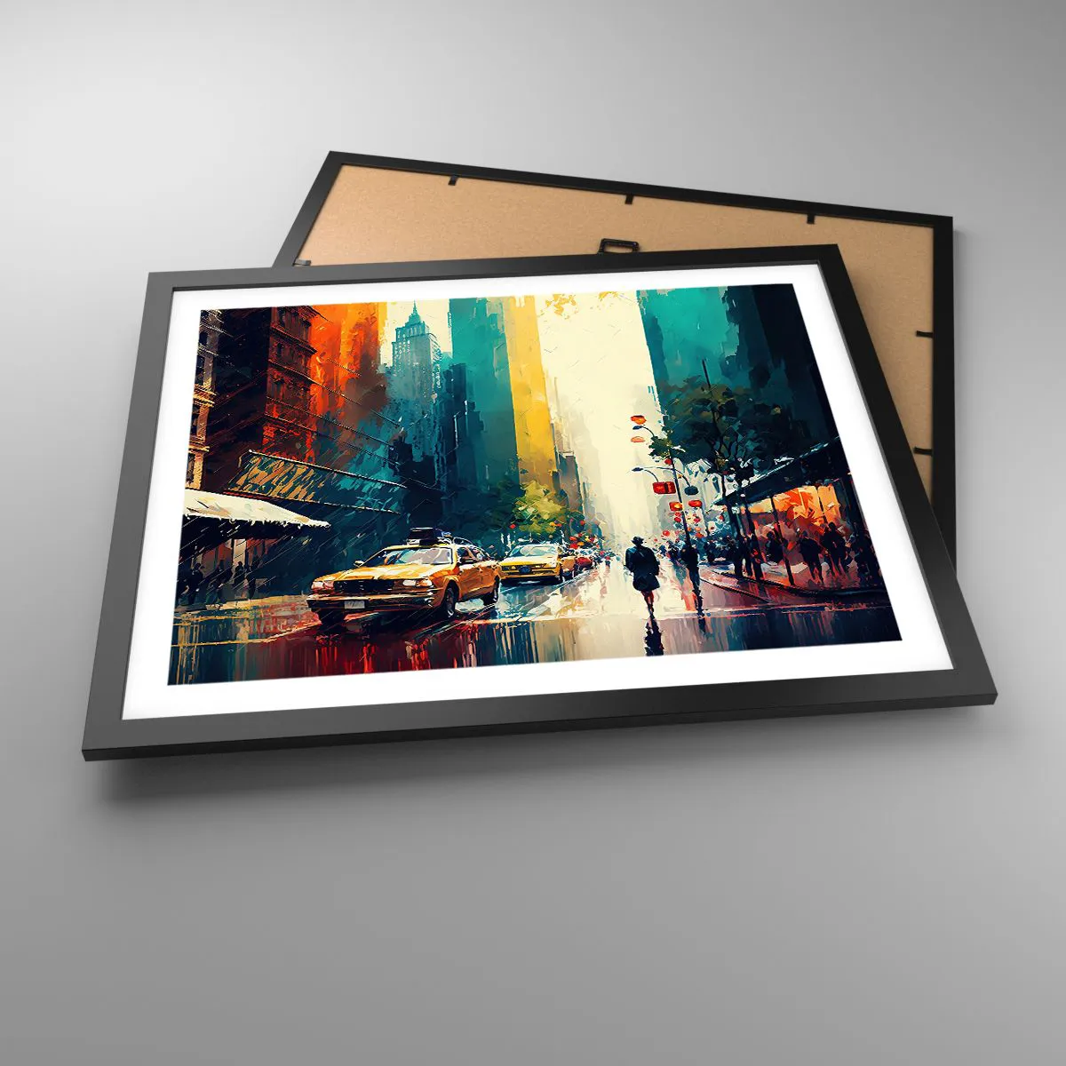 Poster in einem schwarzem Rahmen - New York – selbst der Regen ist hier bunt - 50x40 cm