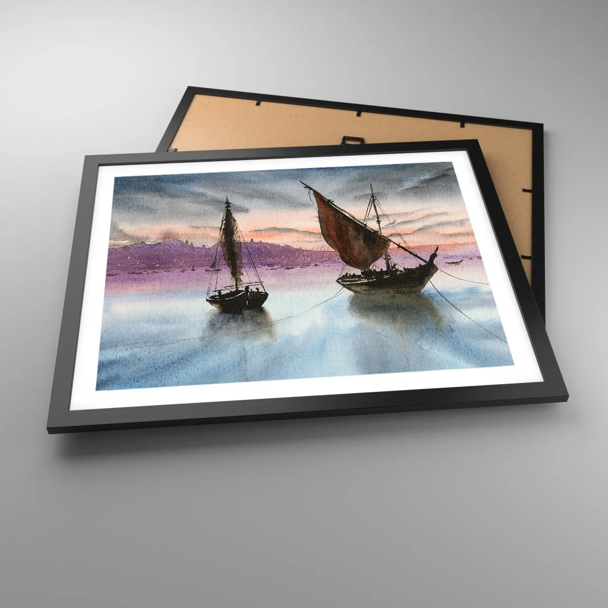 Affiche dans un cadre noir - Poster - Soirée au port - 50x40 cm