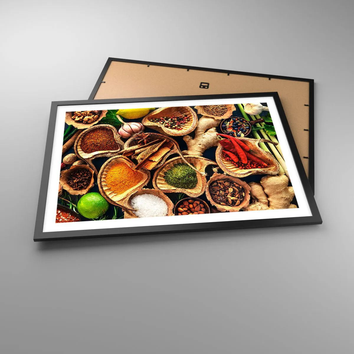 Póster en marco negro - Cuencos de especias en diferentes colores. - 70x50cm - Toma lo que quieras - Decoración de pared moderna para salón y dormitorio ARTTOR