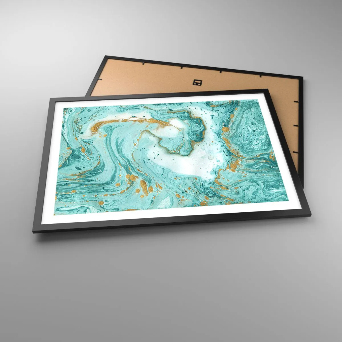 Plakat w czarnej ramie - Turkusowy marmur z akcentami złota w abstrakcyjnej kompozycji - 70x50cm - Pod wielką falą z epoki Edo - Nowoczesna dekoracja ścienna do salonu i sypialni ARTTOR
