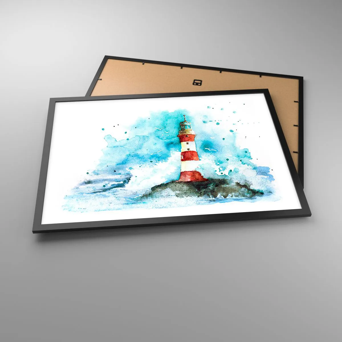 Affiche dans un cadre noir - Poster - Un phare dans un décor aquarelle sur fond bleu - 70x50cm - Unité des éléments - Décoration murale moderne pour le salon et la chambre ARTTOR