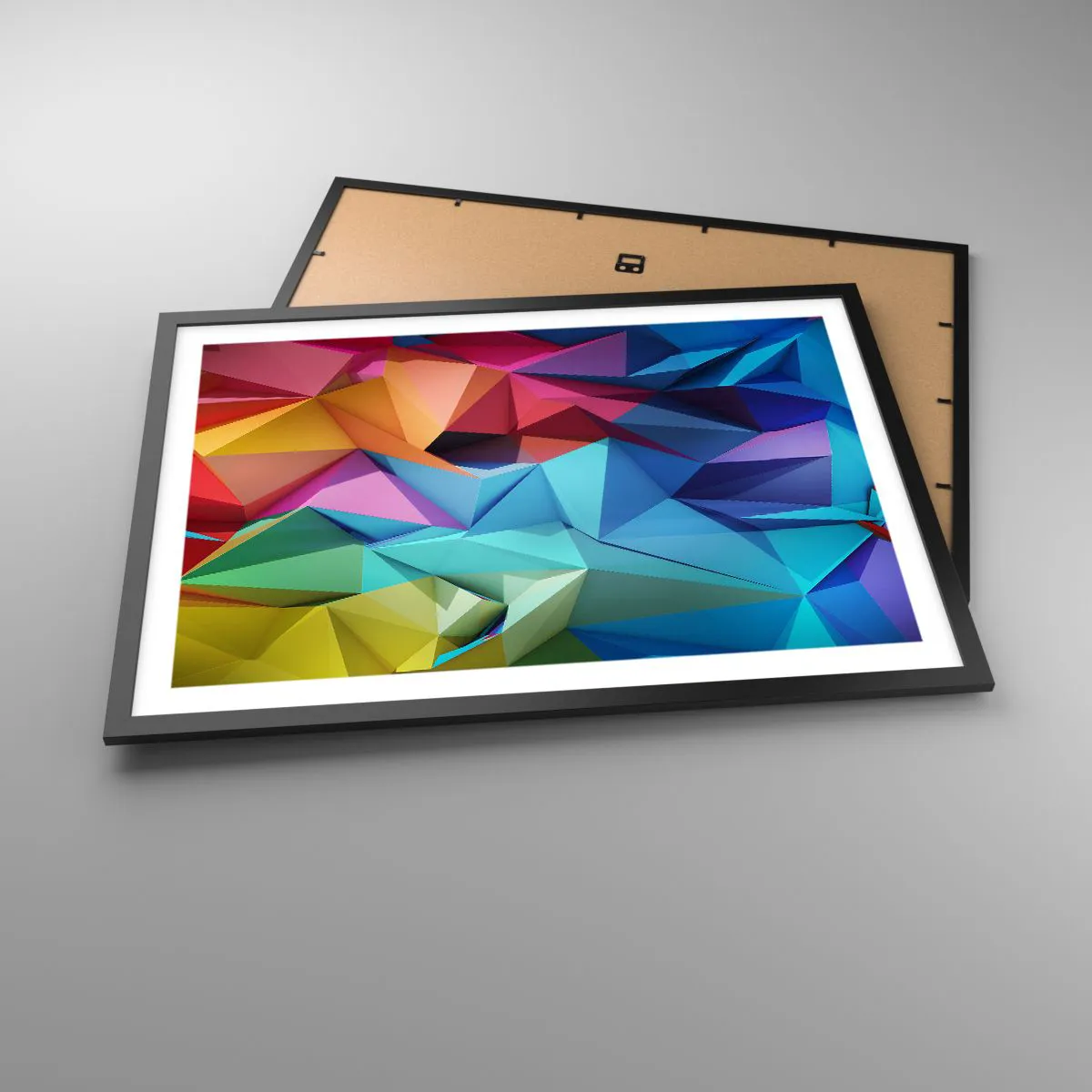 Poster in einem schwarzem Rahmen - Bunte geometrische Abstraktion in lebendigen Farben - 70x50cm - Regenbogen-Origami - Moderne Wanddekoration für Wohnzimmer und Schlafzimmer ARTTOR