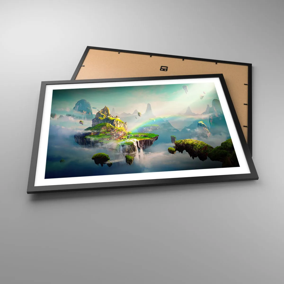 Poster in einem schwarzem Rahmen - Fliegende Inseln zwischen den Wolken mit einem Regenbogen am Horizont - 70x50cm - Mitten am Himmel - glückliche Inseln - Moderne Wanddekoration für Wohnzimmer und Schlafzimmer ARTTOR