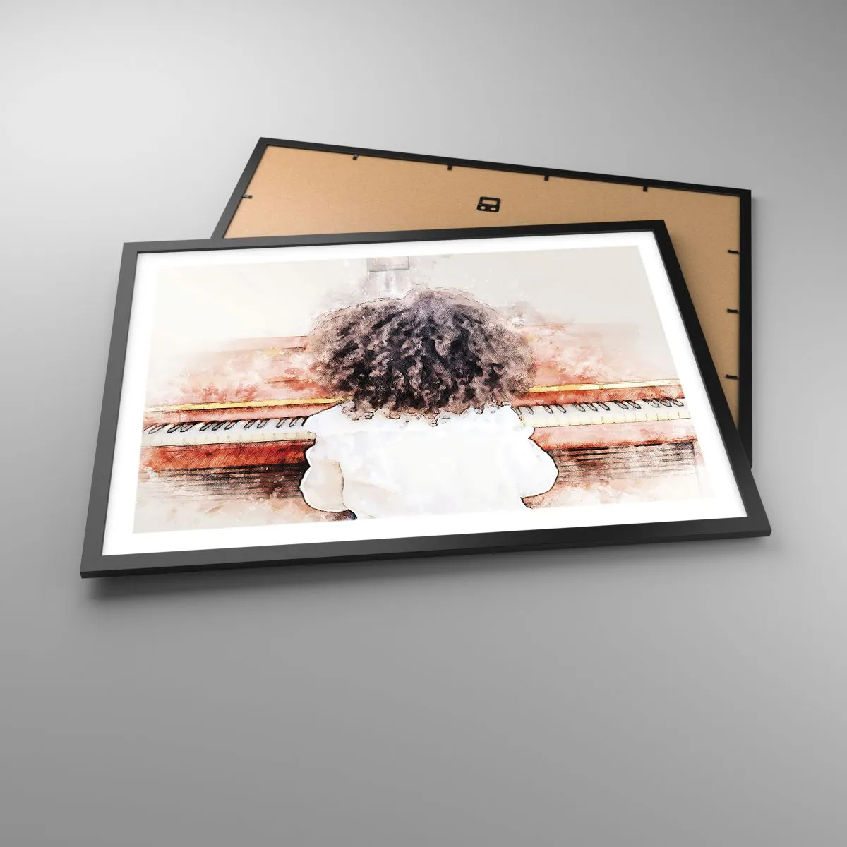 Poster in einem schwarzem Rahmen - Ein Mädchen mit buschigem Haar am Klavier - 70x50cm - In der neuen Welt - Moderne Wanddekoration für Wohnzimmer und Schlafzimmer ARTTOR