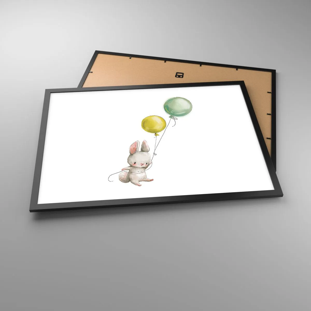 Affiche dans un cadre noir - Poster - Un lapin tenant des ballons aux couleurs pastel - 70x50cm - Moi aussi je vole! - Décoration murale moderne pour le salon et la chambre ARTTOR