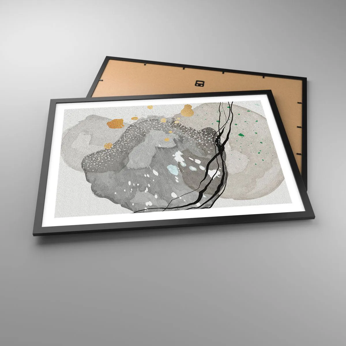 Poster in einem schwarzem Rahmen - Organische Formen in Grautönen mit Akzenten in Schwarz und Gold - 70x50cm - Organische Komposition - Moderne Wanddekoration für Wohnzimmer und Schlafzimmer ARTTOR