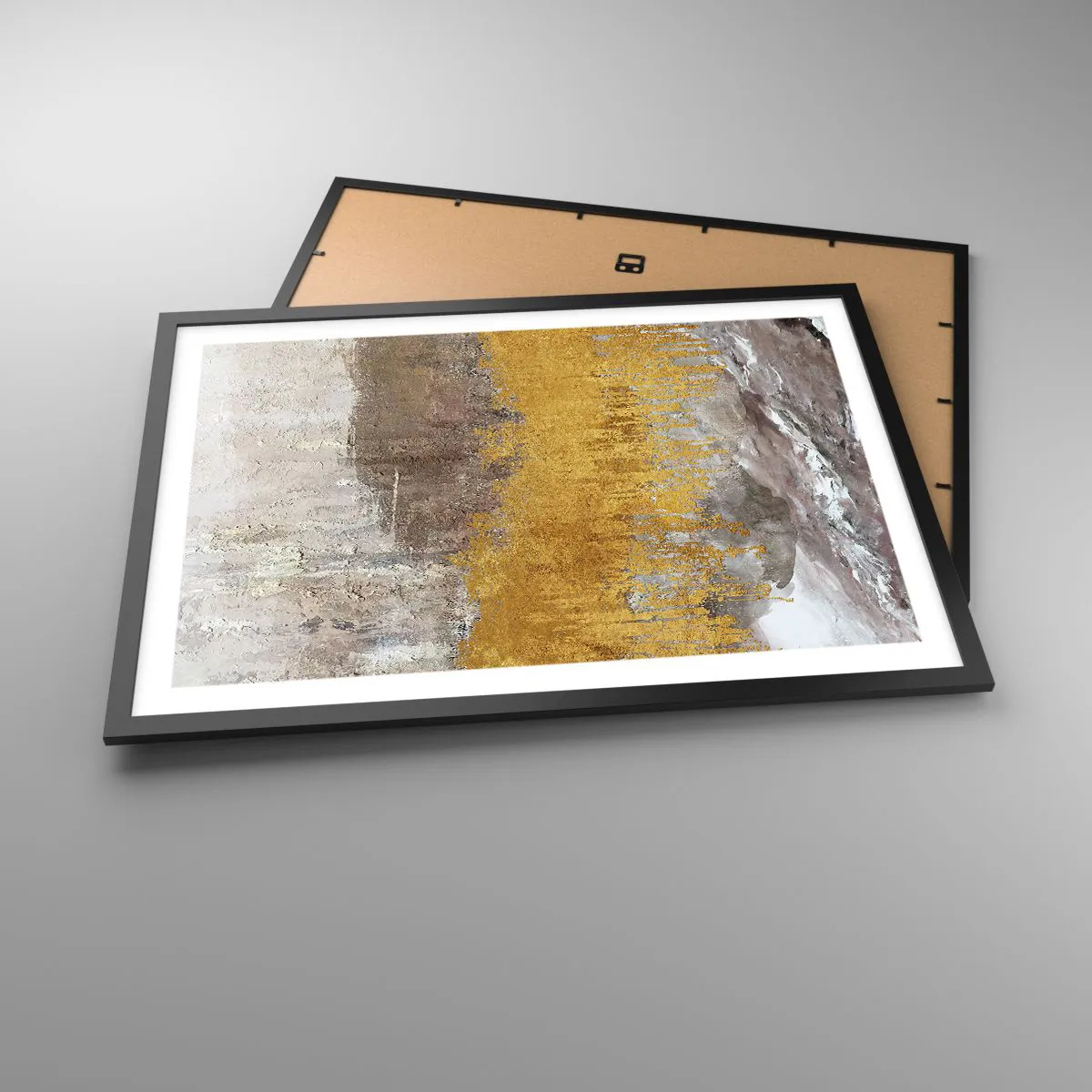 Plakat w czarnej ramie - Złoty i beżowy abstrakcyjny wzór - 70x50cm - Złocisty podmuch - Nowoczesna dekoracja ścienna do salonu i sypialni ARTTOR