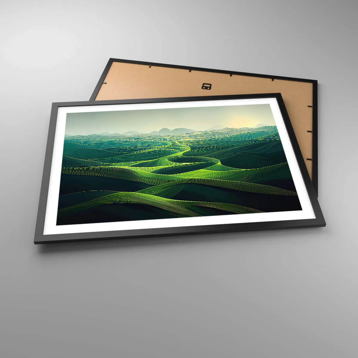 Affiche dans un cadre noir - Poster - Collines verdoyantes avec des sentiers vallonnés - 70x50cm - Dans les vallées verdoyantes - Décoration murale moderne pour le salon et la chambre ARTTOR