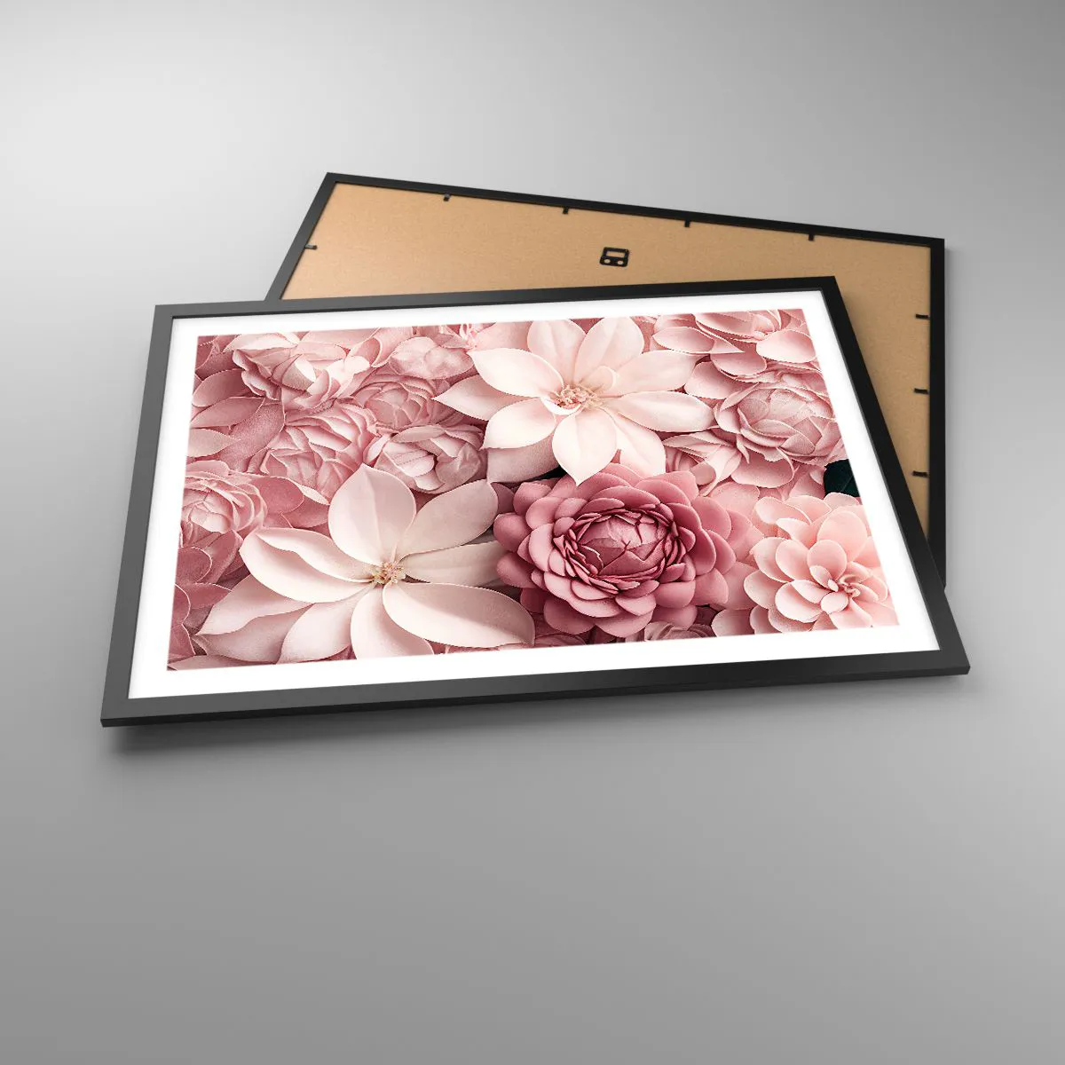 Póster en marco negro - Flores en tonos rosa y blanco en un enfoque artístico. - 70x50cm - Entre pétalos rosas - Decoración de pared moderna para salón y dormitorio ARTTOR