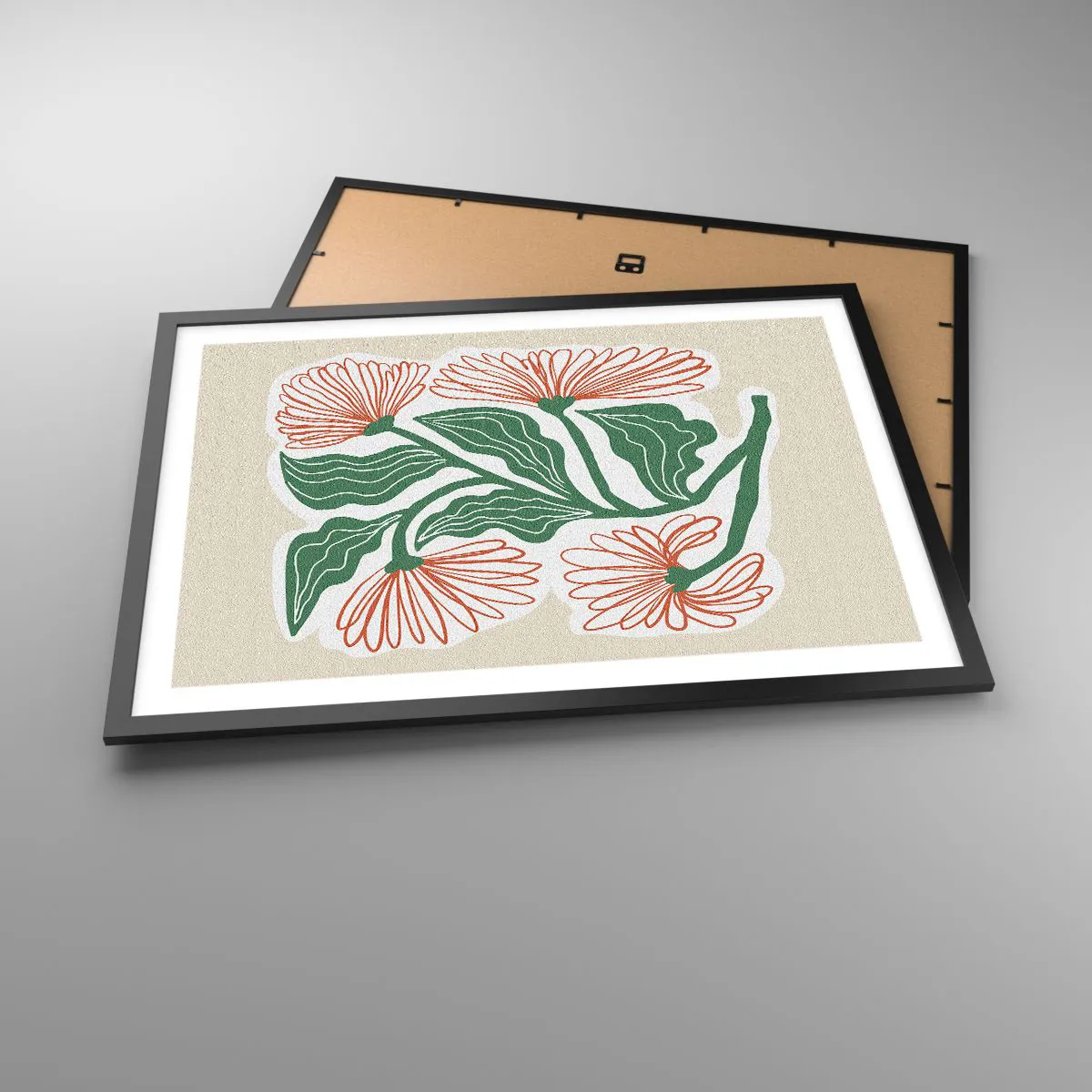 Plakat w czarnej ramie - Rysunek kwiatów w stylu minimalistycznym z zielonymi liśćmi - 70x50cm - Ludowe i nowoczesne - Nowoczesna dekoracja ścienna do salonu i sypialni ARTTOR